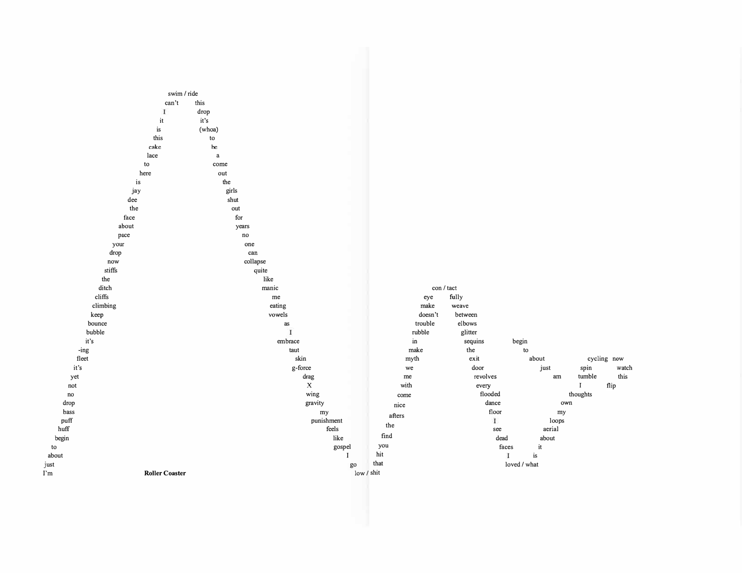A concrete poem in the shape of a rollercoaster with two hills and a loop at the end. Transcript of the poem is as follows:

I'm just about to begin huff puff bass drop no not yet it's fleeting it's bubble bounce keep climbing cliffs ditch the stiffs now drop your pace about face the dee jay is here to lace cake this is it I can't swim / ride this drop it's (whoa) to be a come out the girls shut out for years no one can collapse quite like manic me eating vowels as I embrace taut skin g-force drag X wing gravity my punishment feels like gospel I go low / shit that hit you find the afters nice come with me we myth make in rubble trouble doesn't make eye con / tact fully weave between elbows glitter sequins the exit door revolves every flooded dance floor I see dead faces I loved / what is it about aerial loops my own thoughts I tumble spin cycling now watch this flip I am just about to begin.