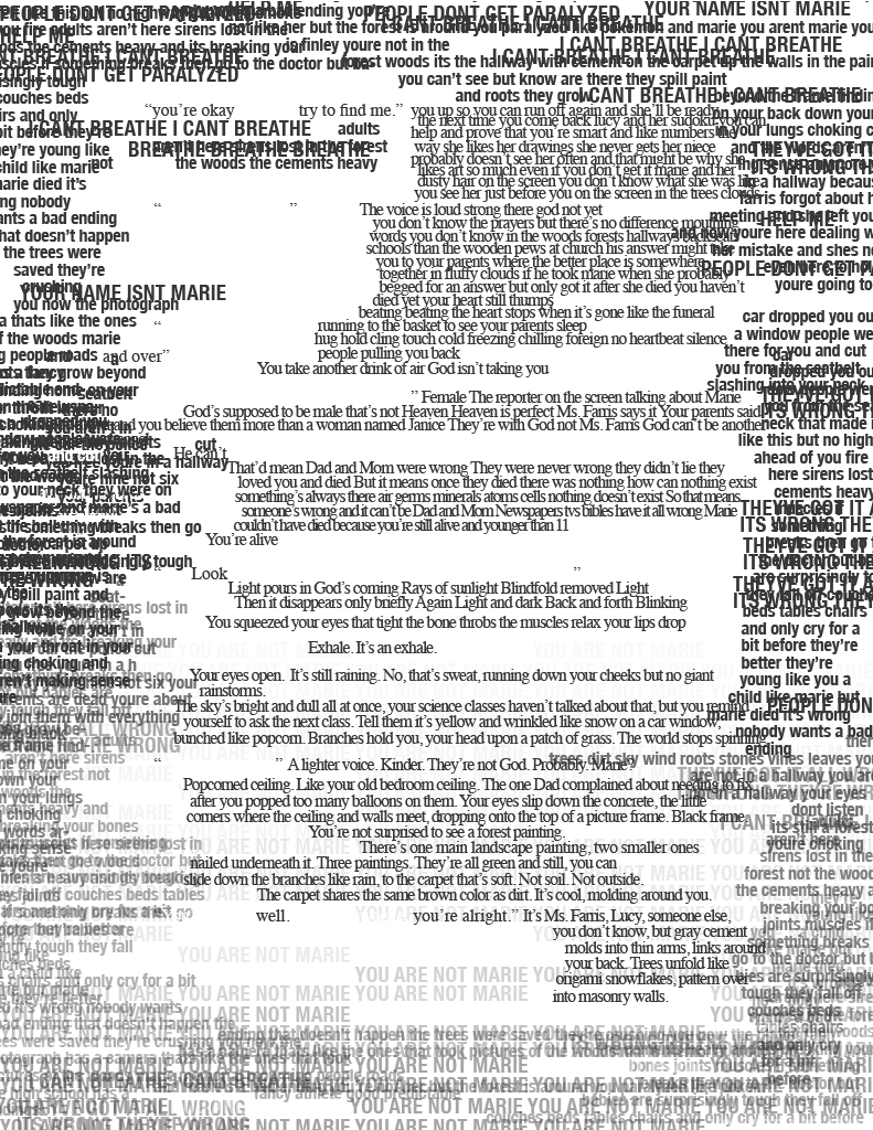 Page 10: (Note in lieu of a complete transcript: The overlapping phrases begin to clear slightly, begin to fade into the background as the protagonist begins to calm down