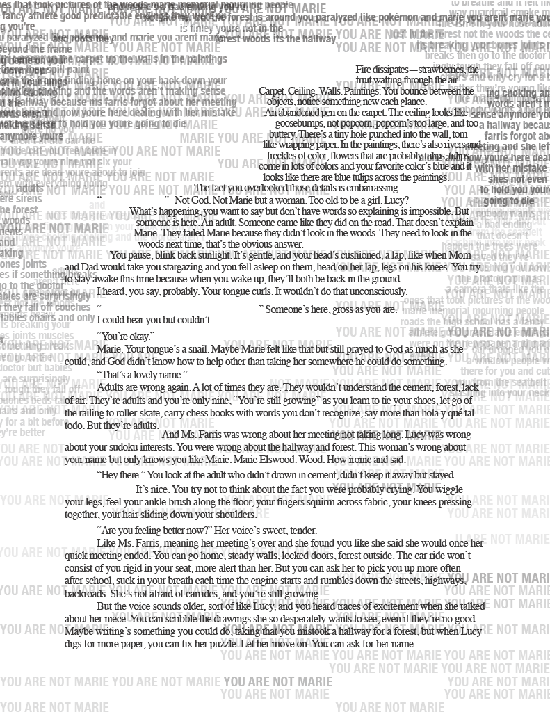 Page 11: (Note in lieu of the transcript: the overlapping phrases continue to fade out until only one phrase in the background remains repeating: "YOU ARE NOT MARIE" as the protagonist returns to the present in the office.)